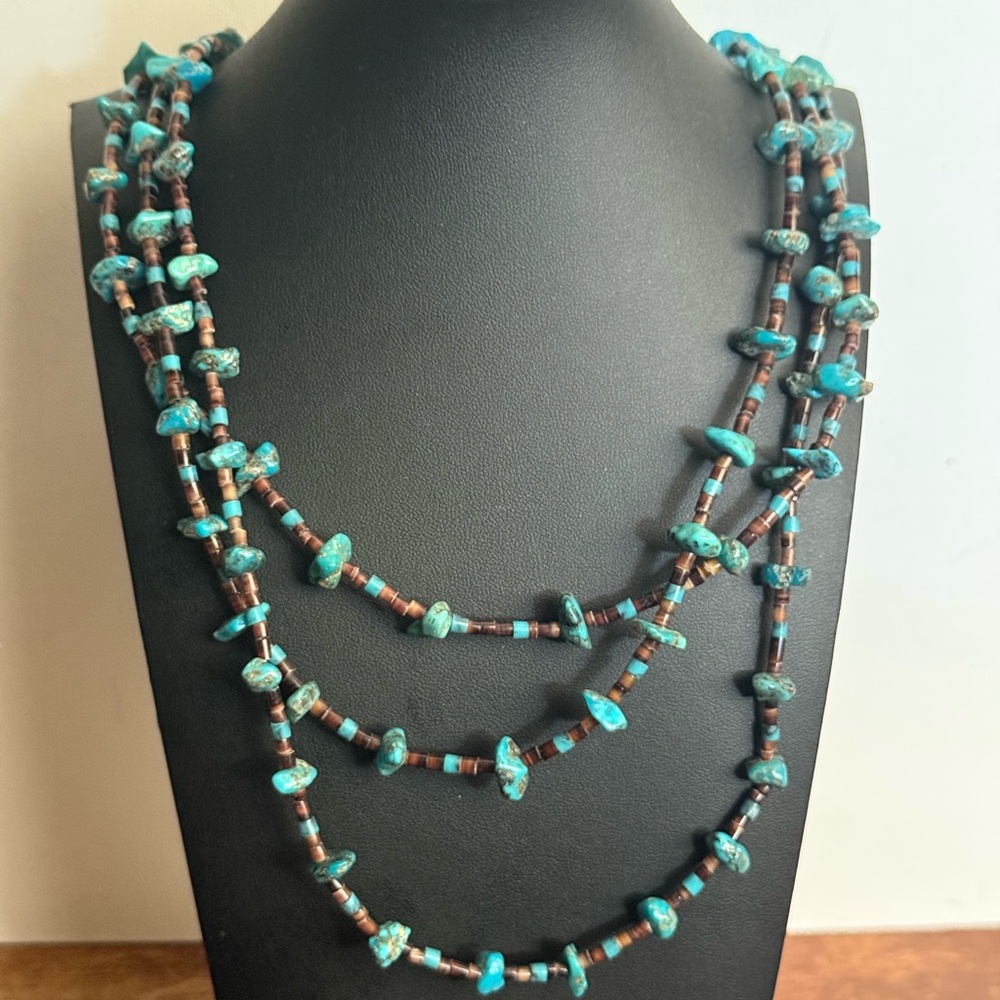 Vintage 3 Strand Turquoise Sterling Necklace - Picture 13 of 15